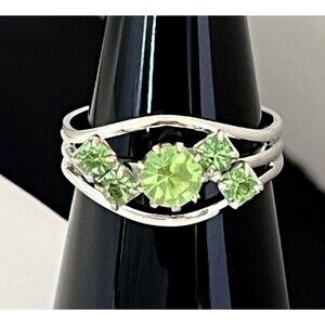 Vintage 1960s Cocktail Ring Mid Century Modern Green Rhinestones  - 4K